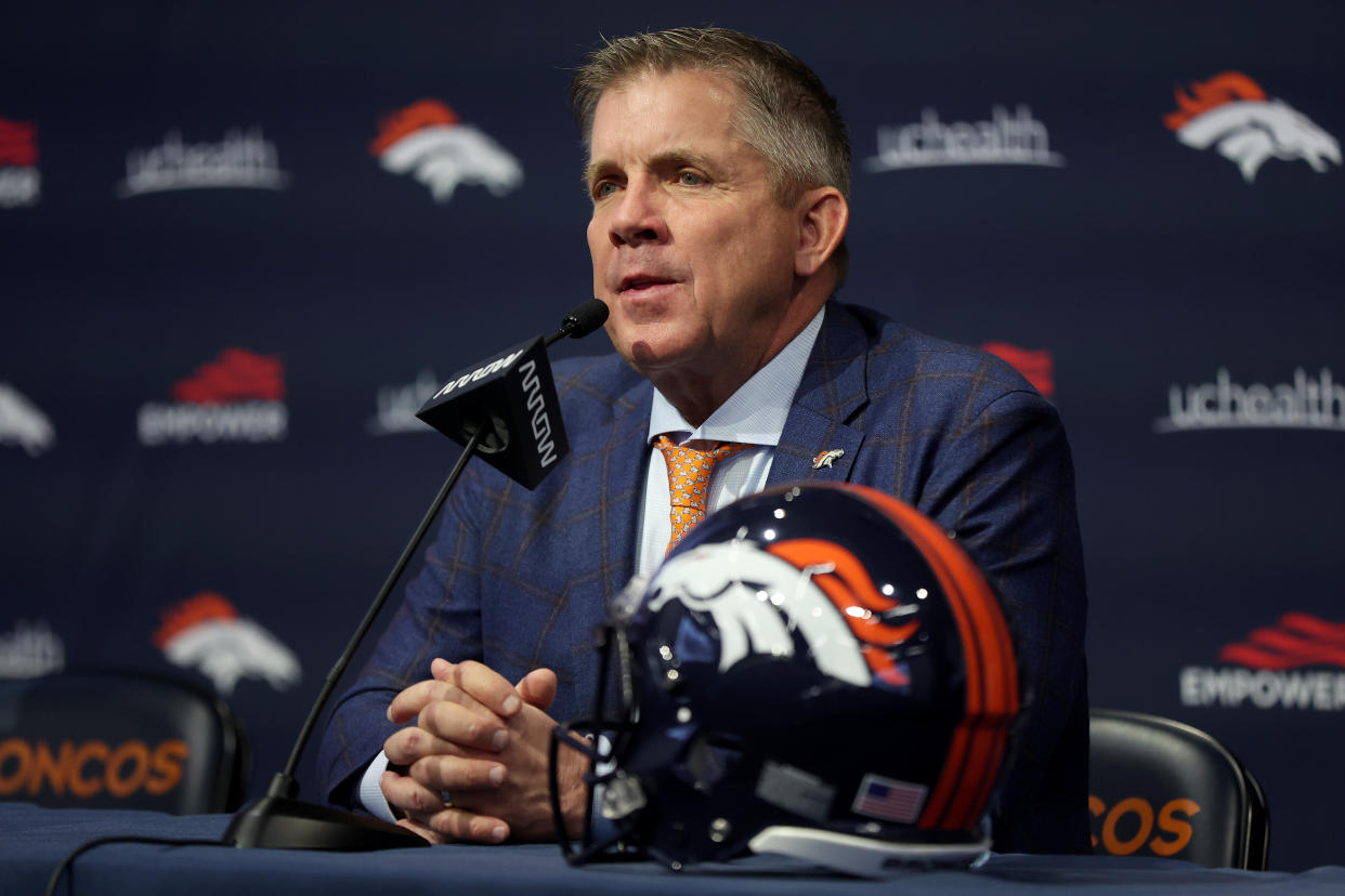 ENGLEWOOD, COLORADO - FEBRUARY 06: New Denver Broncos Head Coach Sean Payton fields questions from the media during a press conference at UCHealth Training Center on February 06, 2023 in Englewood, Colorado. (Photo by Matthew Stockman/Getty Images)
