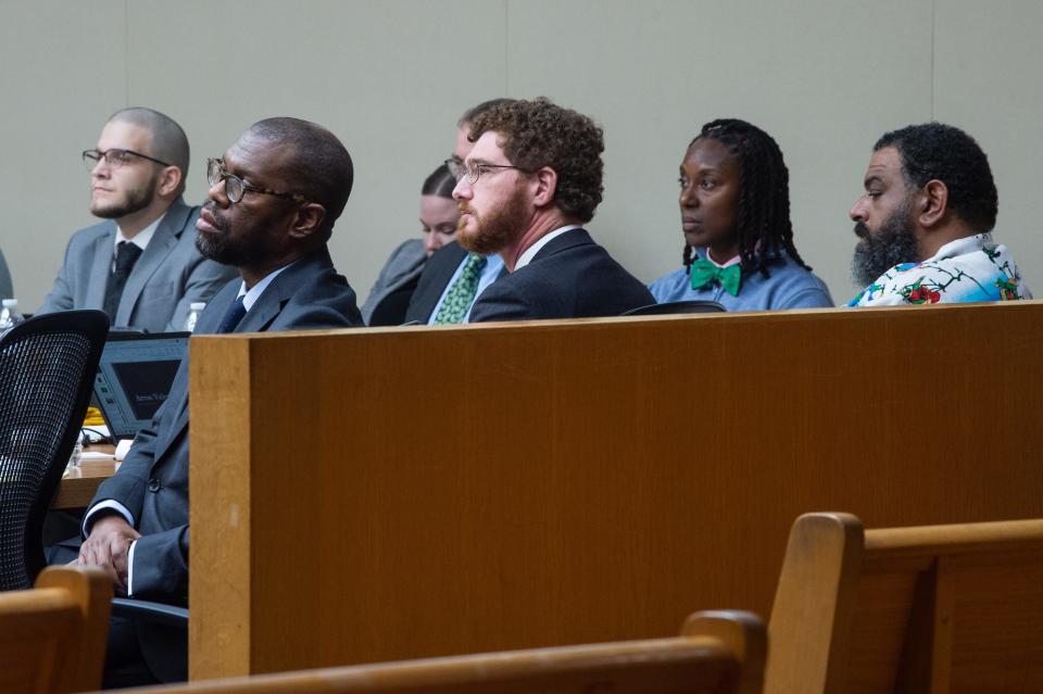 From left, Gavin Guinn, Rev. Calvin Skinner, attorney Joshua Hedrick, Constance Every and Aaron Valentine during a trial in Knox County Criminal Court on Monday, April 8, 2024.