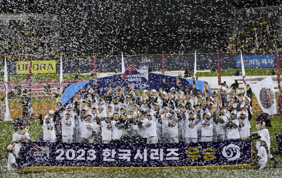 FILE - LG Twins players celebrate after winning the 2023 Korean Series, the Korea Baseball Organization's championship round, against the KT Wiz in Game 5 at Jamsil Baseball Stadium in Seoul, South Korea, on Nov. 13, 2023. (AP Photo/Ahn Young-joon, File)