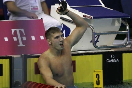 Germany's Paul Biedermann reacts after winning in the final of the men's 200-metre freestyle swimming event in the 31st European Swimming Championships in Debrecen. Biedermann, 25, showed great tenacity to hold off perennial French rival Amaury Leveaux and win in an unremarkable time of 1min 46.27sec