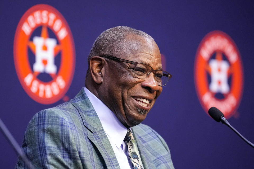 Houston Astros manager Dusty Baker Jr. speaks during a baseball press conference announcing his retirement, Thursday, Oct. 26, 2023, at Minute Maid Park in Houston. (Karen Warren/Houston Chronicle via AP)