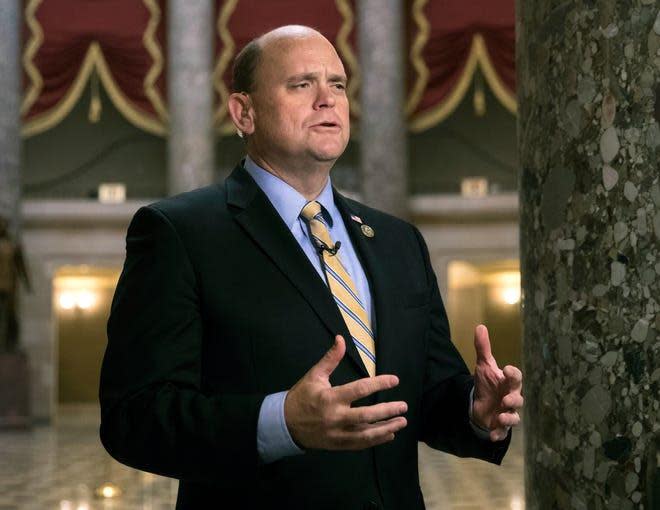 Rep. Tom Reed, R-NY, who represents western New York in the 23rd Congressional District, speaks during a television news interview in 2017 on Capitol Hill in Washington.