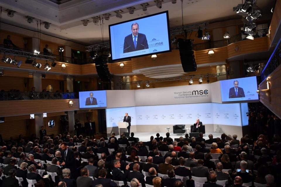 'Babble': Sergey Lavrov delivers a speech at the 2018 Munich Security Conference (Getty Images)