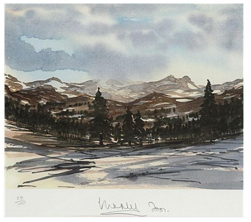 2001年畫的巴爾莫勒爾雪景。（Balmoral Winter Scene, 2001，翻攝artnet.com）