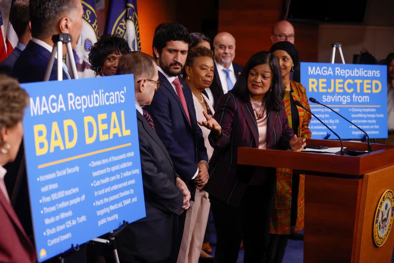 U.S. Representative Jayapal leads a House Progressive Caucus news conference on Capitol Hill in Washington