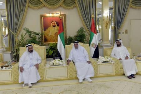 President of the United Arab Emirates Khalifa bin Zayed bin Sultan Al Nahyan,(C) greeting rulers during Eid al-Fitr, in Abu Dhabi, United Arab Emirates, in this handout photo released June 25, 2017. STATE NEWS AGENCY WAM/Handout via REUTERS