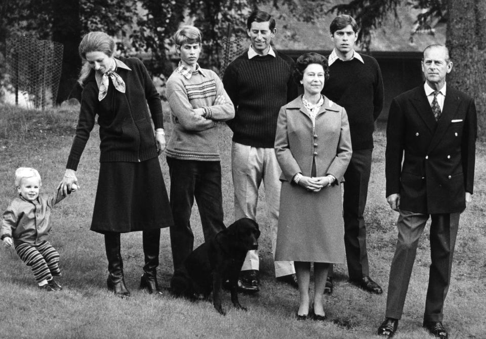 (l-r) Peter Phillips, Princess Anne, Prince Edward, Prince Charles, Queen Elizabeth II, Prince Andrew and the Duke of Edinburgh at Balmoral Castle. The Queen and Prince Philip are celebrating 32 years of marriage.