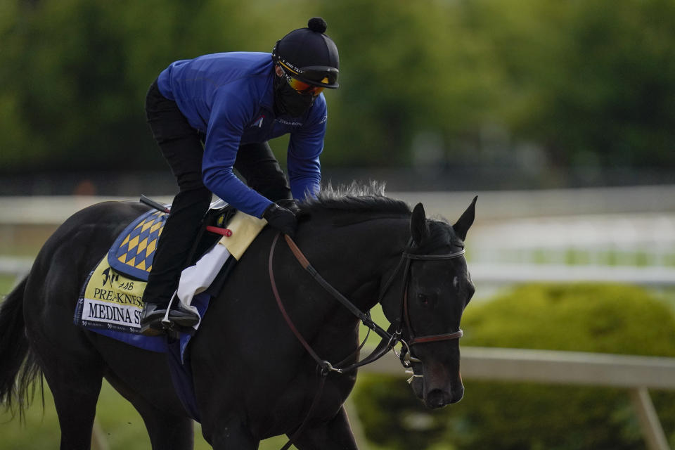 Exercise rider Humberto Gomez takes Kentucky Derby winner and Preakness entrant Medina Spirit over the track during a training session ahead of the Preakness Stakes horse race at Pimlico Race Course, Wednesday, May 12, 2021, in Baltimore. (AP Photo/Julio Cortez)