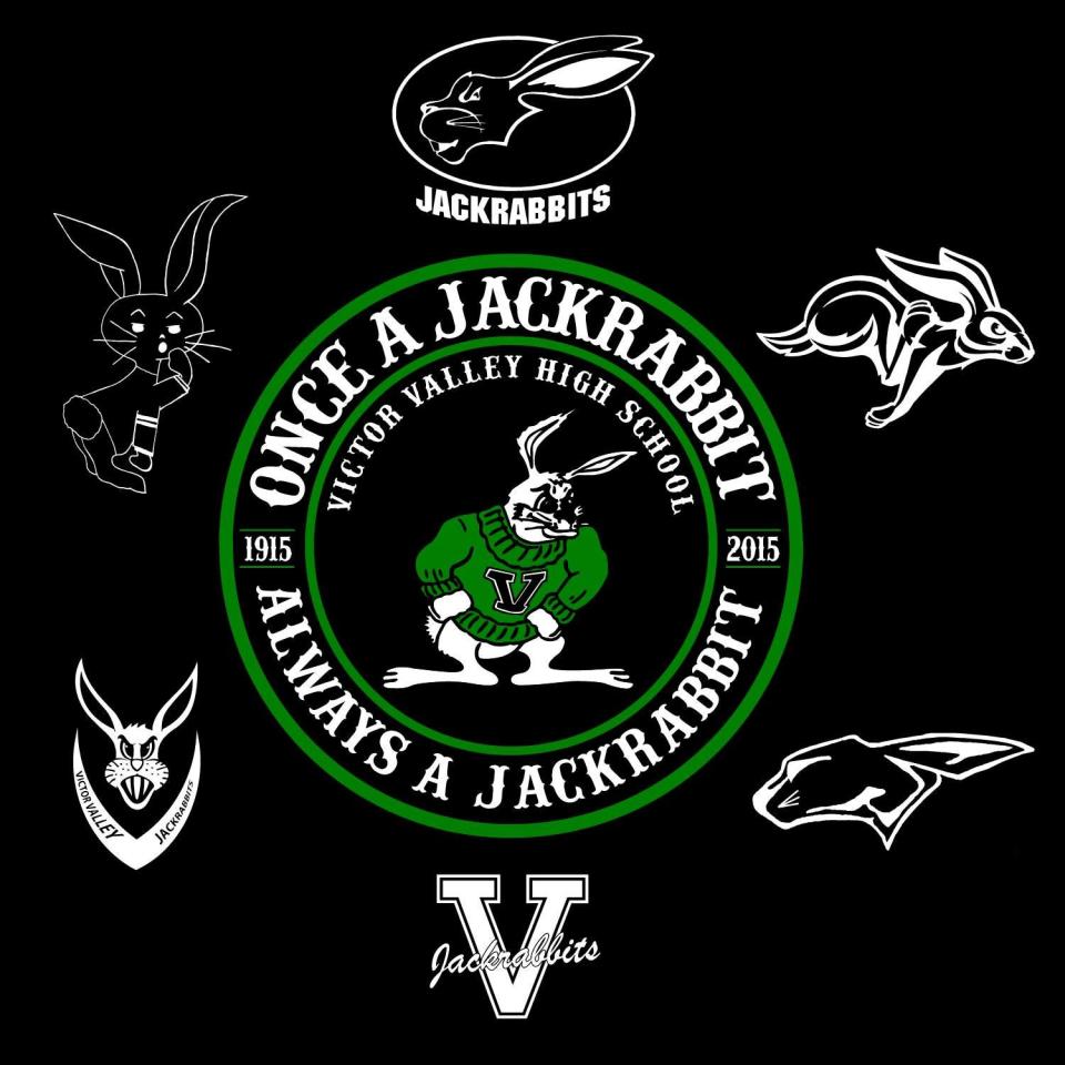 The traditional "Jack the Jackrabbit" logo, center, along with several designs used over the decades at Victor Valley High School in Victorville.