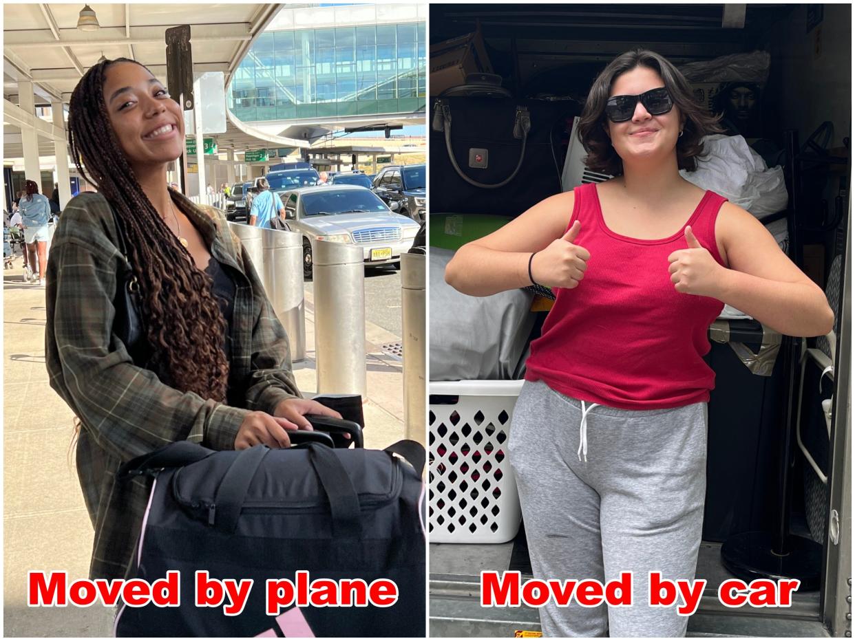 Pauline Villegas at the airport in a green jacket; Gabi Stevenson in a red tank top in front of a UHaul