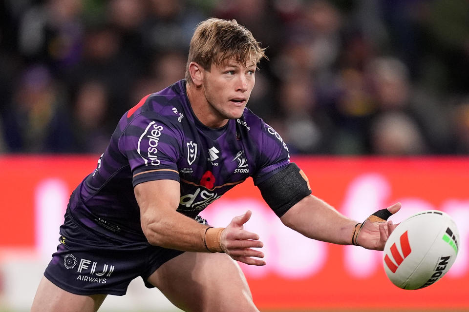 MELBOURNE, AUSTRALIA - APRIL 25: Harry Grant of the Storm passes the ball during the round eight NRL match between Melbourne Storm and South Sydney Rabbitohs at AAMI Park on April 25, 2024, in Melbourne, Australia. (Photo by Daniel Pockett/Getty Images)