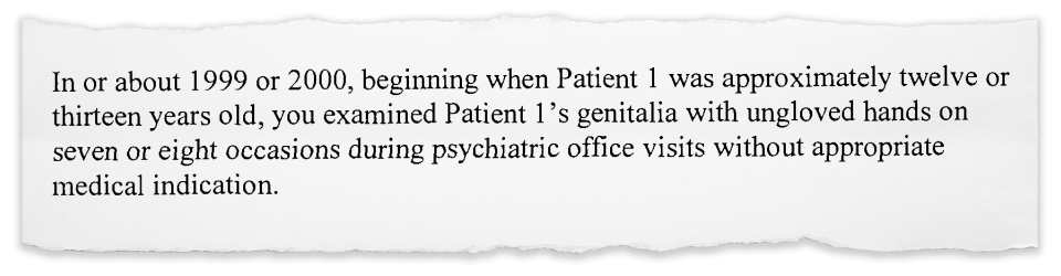 An accusation listed in an August 2009 letter from the State Medical Board of Ohio to psychiatrist Dr. Leo D'Souza. Souza was accused of conducting genital exams on patients, some of whom were teenagers, board records show.