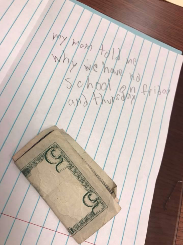 Teacher Shannon Franks Dinges found this note on her desk when she walked into school on Tuesday morning. Photo: Facebook/Shannon Franks Dinges