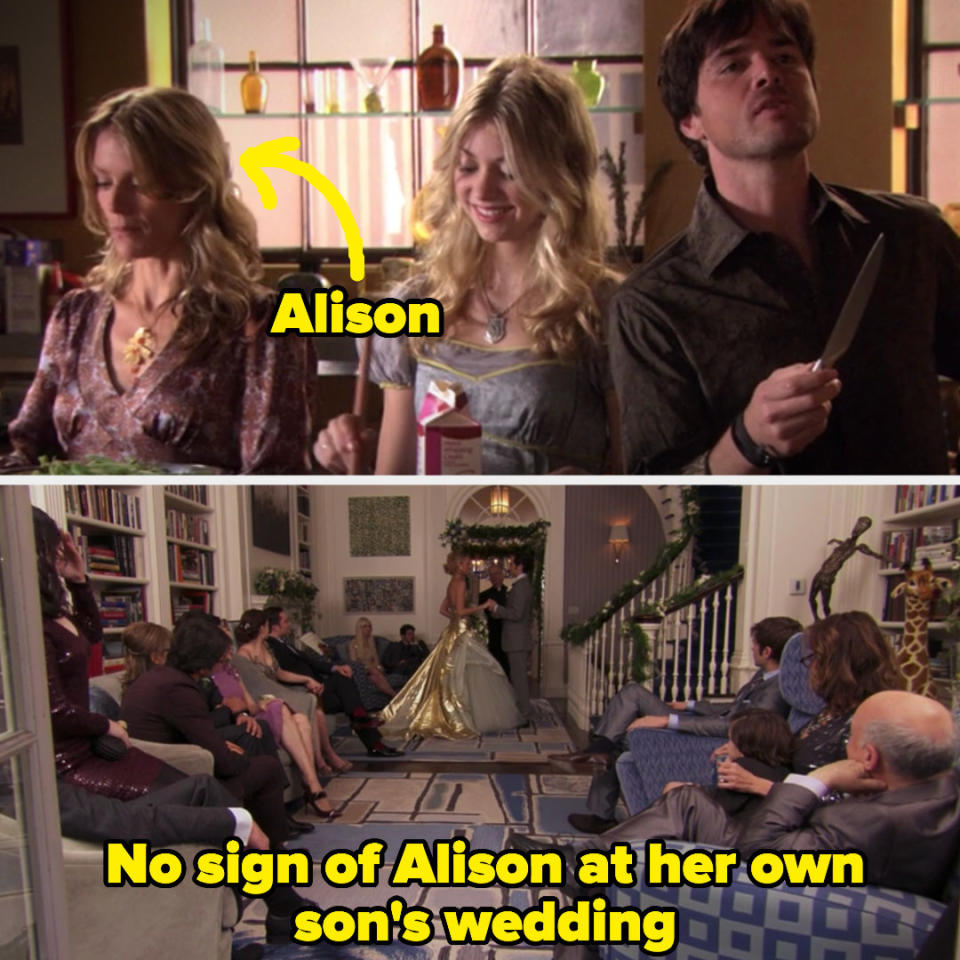 Rufus, Jenny, and Alison at Thanksgiving then a photo of Dan and Serena's wedding with the caption "no sign of alison at her own son's wedding"