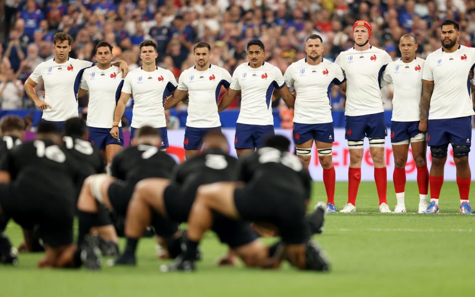 France face down the haka during the Rugby World Cup France 2023 match between France and New Zealand at Stade de France - Forget flair, Antoine Dupont and partisan crowds – discipline has become key to France's success