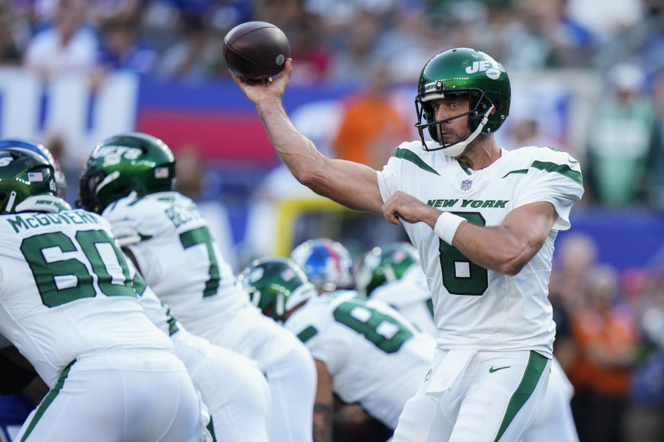 New York Jets quarterback Aaron Rodgers (8) throws during the first half of an NFL preseason football game against the New York Giants, Saturday, Aug. 26, 2023, in East Rutherford, N.J. (AP Photo/Frank Franklin II)