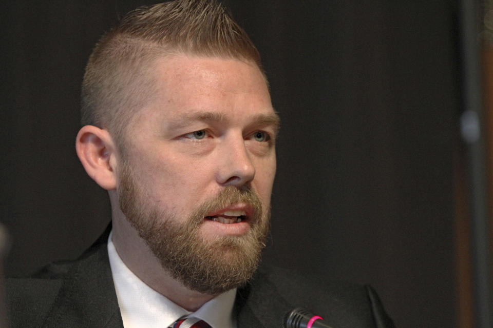 FILE - Josh Revak, a Repubican seeking the sole U.S. House seat in Alaska, speaks during a forum for candidates, Thursday, May 12, 2022, in Anchorage, Alaska. Voters are whittling down the list of 48 candidates running for Alaska's only U.S. House seat, with the top four vote-getters in a special primary on Saturday, June 11, advancing to an August special election. (AP Photo/Mark Thiessen,File)