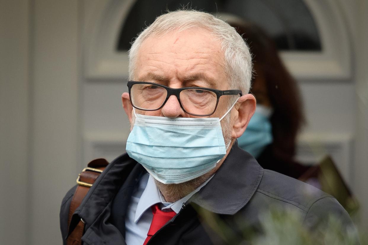 <p>Jeremy Corbyn leaves home ahead of the publication of a report into antisemitism within the Labour Party</p> (Getty Images)