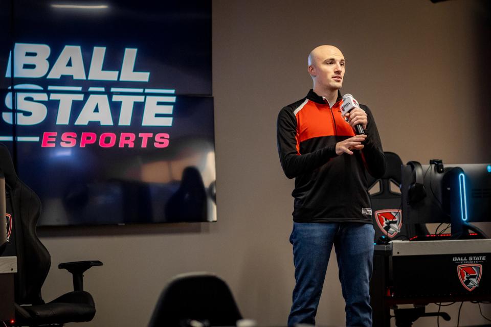 Ball State director of esports Dan Marino speaks during the announcement of an esports partnership with Ball State and Daleville on Jan. 11, 2022.