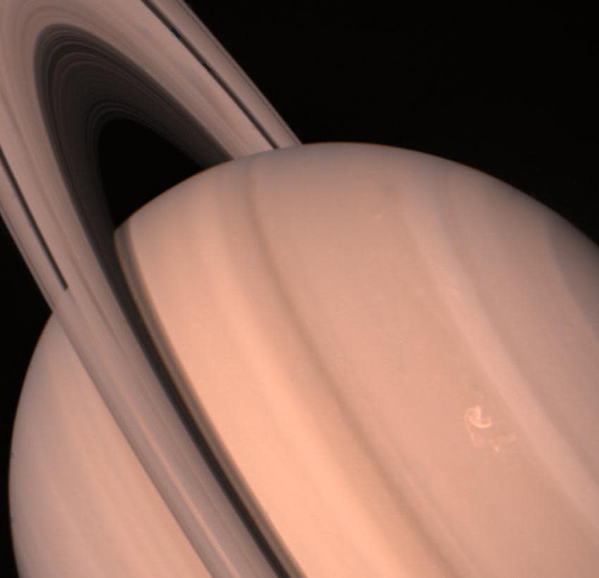 NASA's Voyager 2 spacecraft captured this view of Saturn on Aug. 11, 1981, two weeks before its closest approach to the ringed planet.