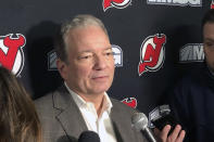 New Jersey Devils NHL hockey team general manager Ray Shero talks with the media after practice in Newark, N.J., Tuesday, Dec. 17, 2019. The Arizona Coyotes acquired standout winger Taylor Hall from the New Jersey Devils on Monday for three prospects and two draft picks. New Jersey was looking to re-sign Hall to a long-term contract. (AP Photo/Tom Canavan)