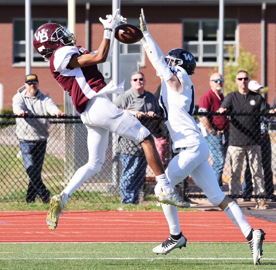 Nantucket's Sean Murphy breaks-up the pass to West Bridgewater's Jayden Cobbs during a game on Saturday, Sept. 24, 2022.  