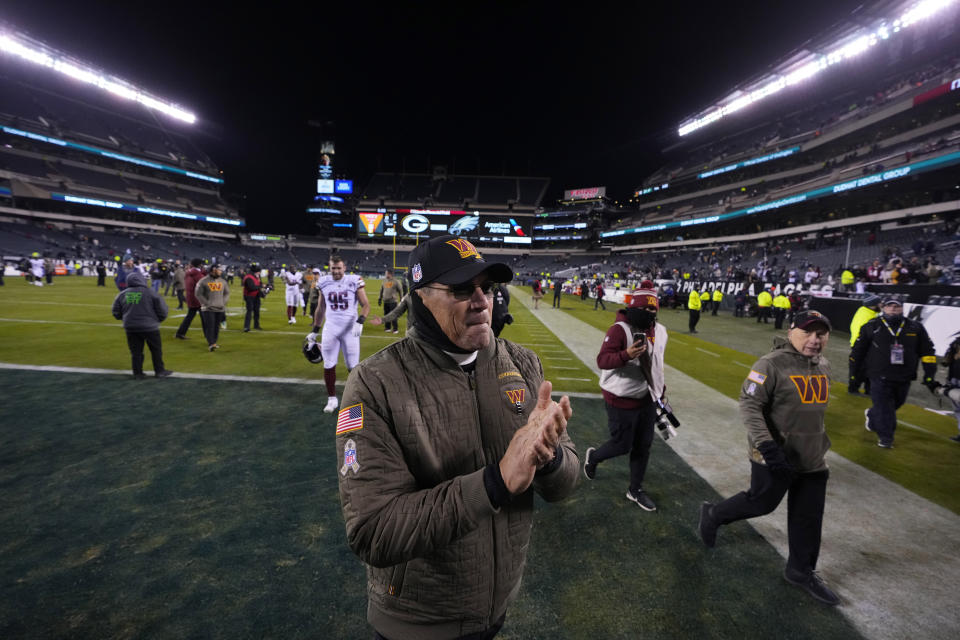 Washington Commanders head coach Ron Rivera celebrates after an NFL football game against the Philadelphia Eagles, Monday, Nov. 14, 2022, in Philadelphia. (AP Photo/Matt Rourke)