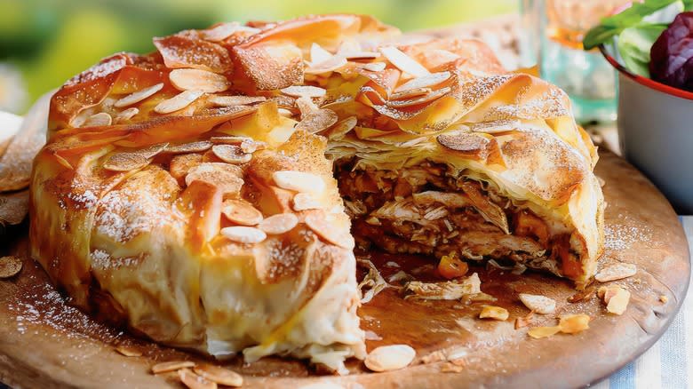 Moroccan pastilla pie on platter 