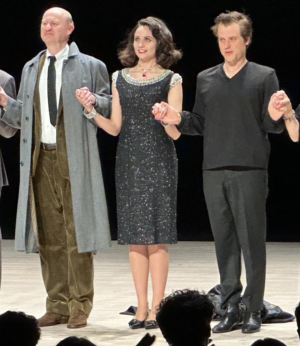 Mark Gatis, Tuppence Middleton and Johnny Flynn in ‘The Motive and the Cue’. Photo Baz Bamigboye/<em>Deadline</em>