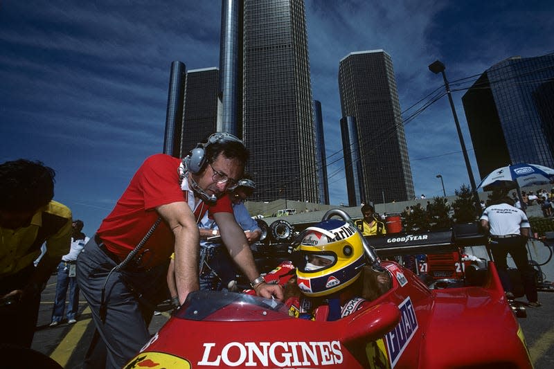 Mauro Forghieri speaking with Michele Alboreto during the 1984 Detroit Grand Prix weekend.