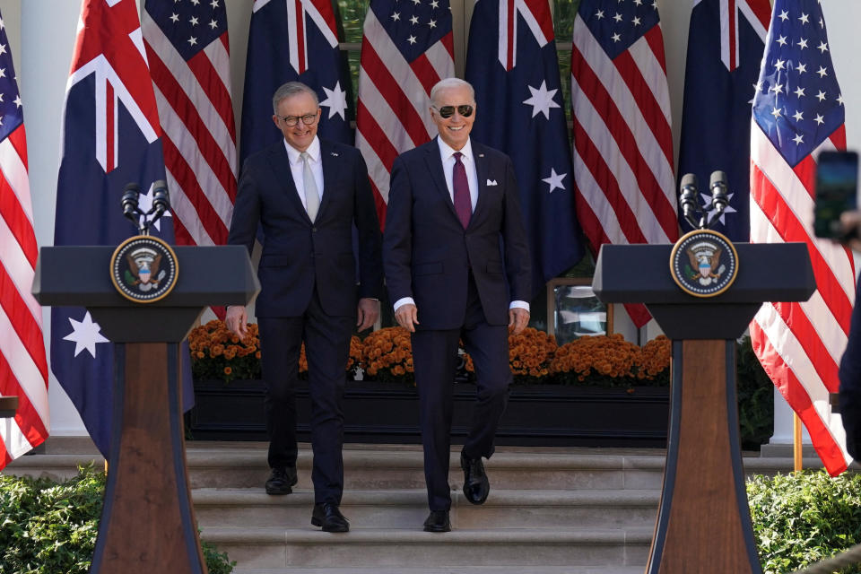 U.S. President Joe Biden and Australia's Prime Minister Anthony Albanese arrive for a joint press conference in the Rose Garden at the White House in Washington, U.S., October 25, 2023. / Credit: SARAH SILBIGER / REUTERS