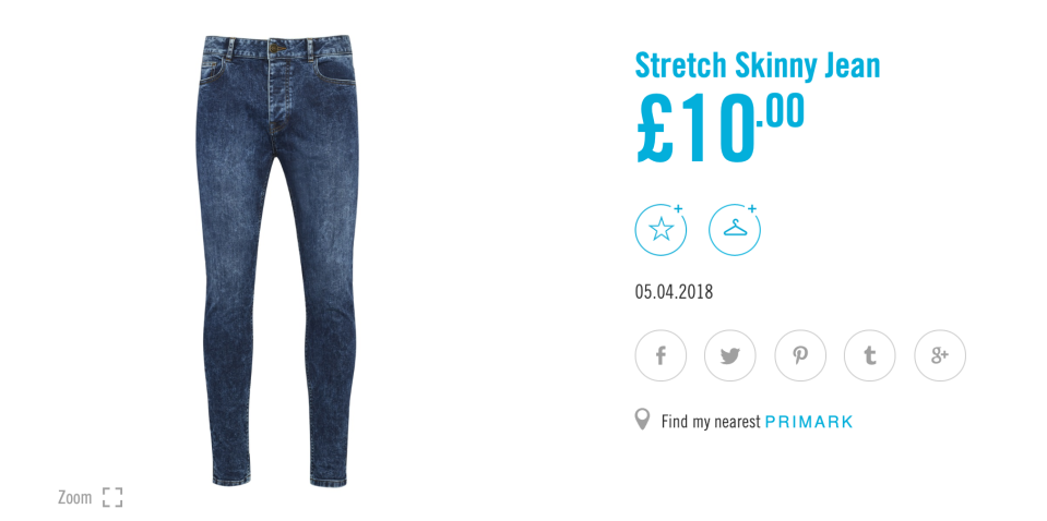 A pair of men’s skinny jeans retails for just £10 on the Primark website. [Photo: Primark]