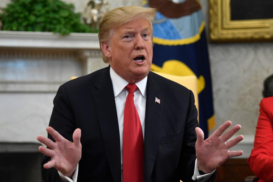 President Donald Trump speaks during a meeting with Fabiana Rosales, a Venezuelan activist who is the wife of Venezuelan opposition leader Juan Guaido, in the Oval Office.