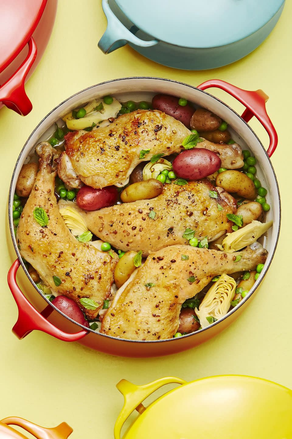 53) Chicken Legs with Peas, Artichokes, Mint, and Fingerling Potatoes