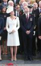 <p>For the 100th anniversary of the Battle of Passchendaele, Duchess Kate recycled a flawless white Alexander McQueen dress with matching white fascinator. The royal wore the same dress to <a href="https://www.townandcountrymag.com/society/tradition/a3392/princess-charlotte-mario-testino-photos/" rel="nofollow noopener" target="_blank" data-ylk="slk:Charlotte's christening;elm:context_link;itc:0;sec:content-canvas" class="link ">Charlotte's christening</a> two years earlier. </p>