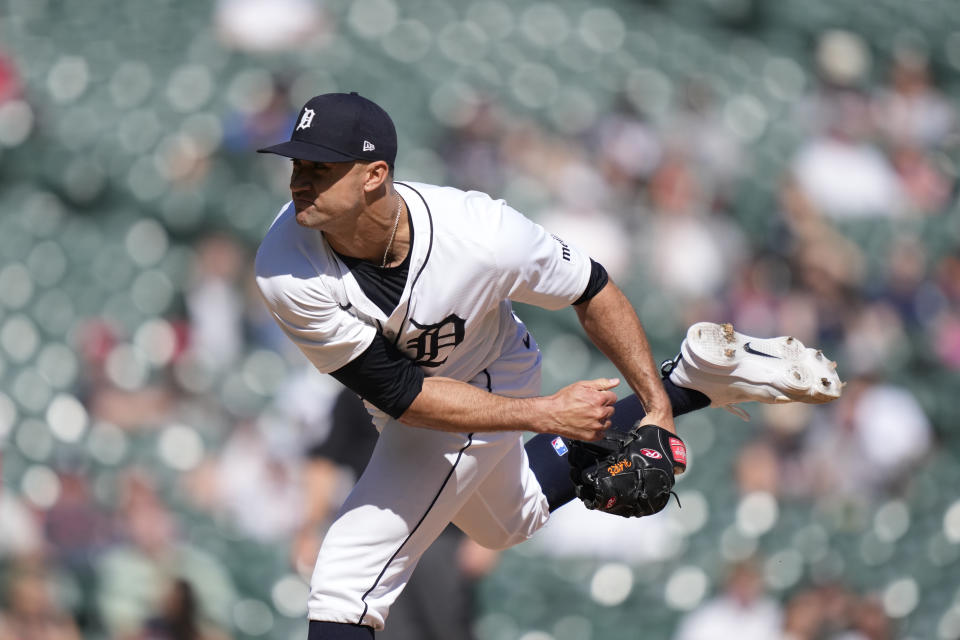 Detroit Tigers starting pitcher Jack Flaherty throws during the fifth inning in the first game of a baseball doubleheader against the St. Louis Cardinals, Tuesday, April 30, 2024, in Detroit. (AP Photo/Carlos Osorio)
