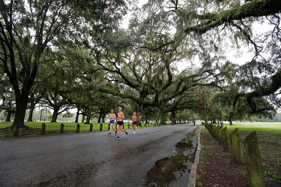 Runners jog along the tree covered road that runs through Daffin Park.
