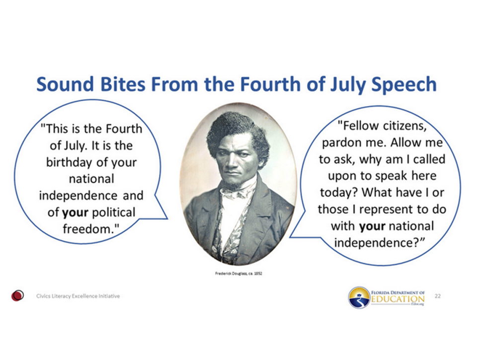 This is one of the slides shown during the Florida Department of Education’s training series for civics and government teachers.  