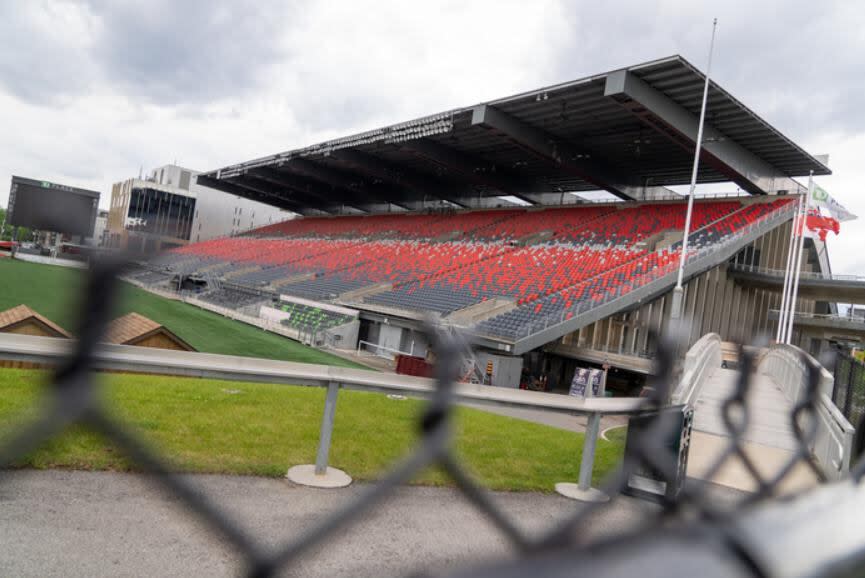 The north side stands at the TD Place stadium at Ottawa's Lansdowne Park. The field is the home of the Ottawa Redblacks, Aces and Atlético Ottawa.