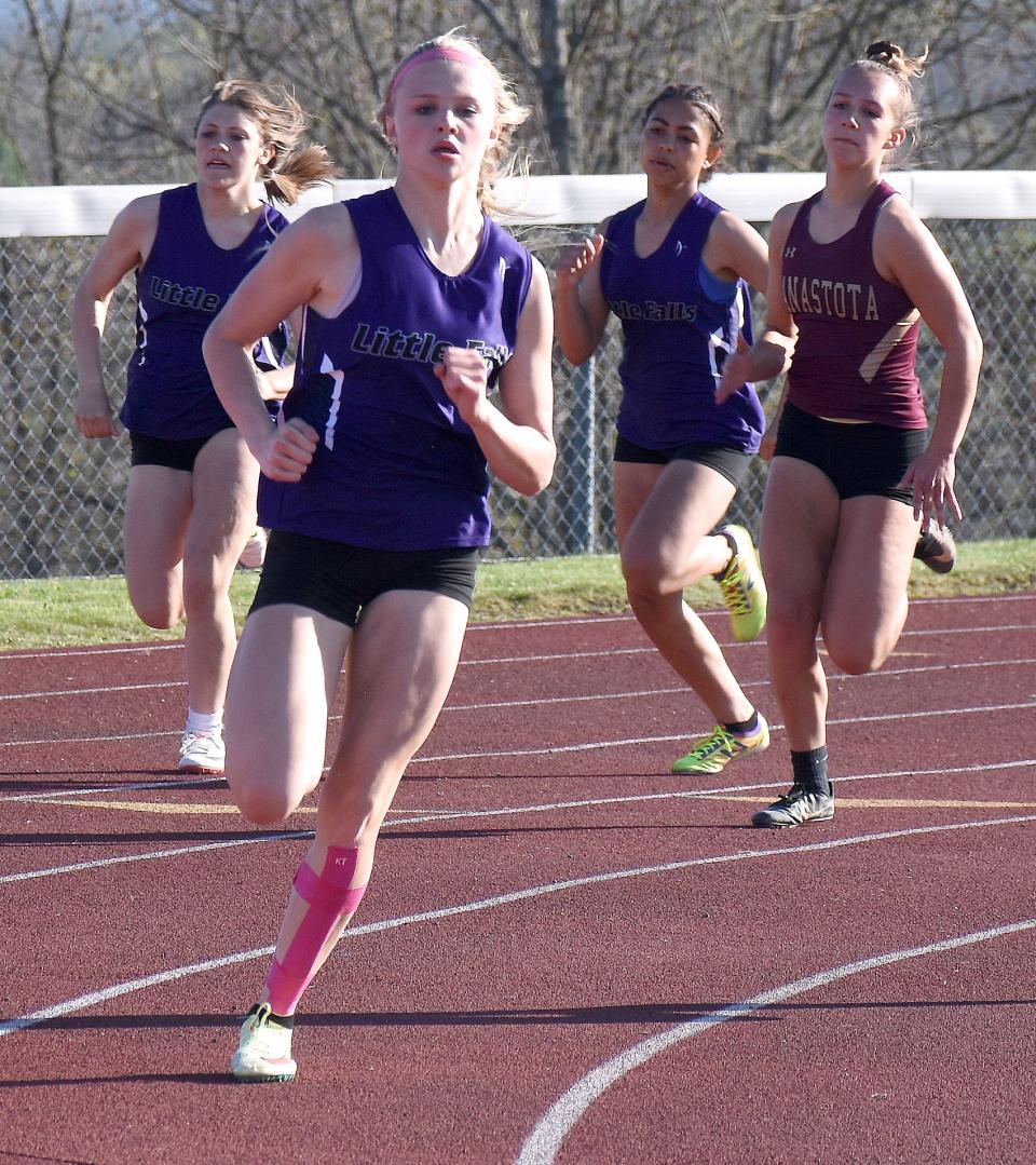 Little Falls Mountie Avery McLaughlin, pictured running the 200-meter dash at a May 10 dual meet against Canastota, won that event Wednesday at the Center State Conference's Division I championship meet.