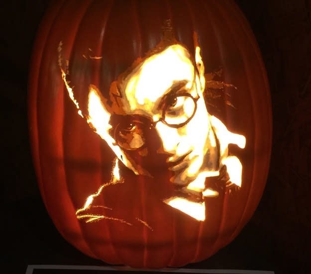 Harry Potter carved into a pumpkin