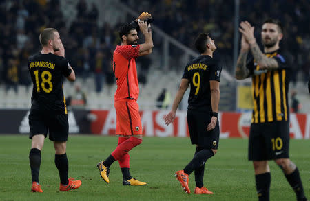 Soccer Football - Europa League - AEK Athens vs AC Milan - OAKA Spiros Louis, Athens, Greece - November 2, 2017 AEK Athens' Giannis Anestis applauds fans after the match REUTERS/Alkis Konstantinidis