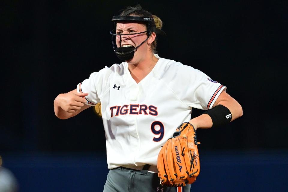 Auburn softball pitcher Maddie Penta (9) during a game between the Tigers and Alabama at Jane B. Moore Field in Auburn on May 2, 2024.