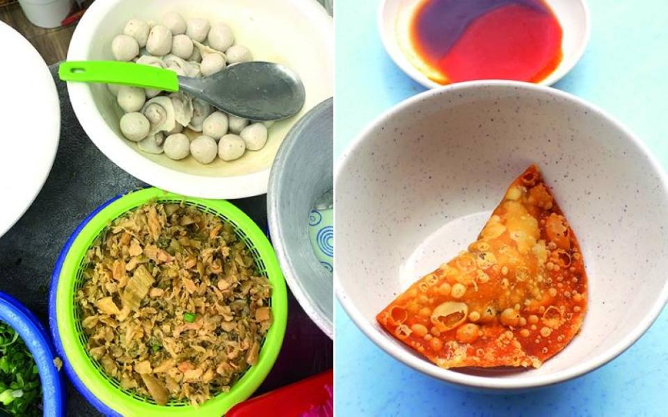 The bowl of noodles also includes preserved radish and spring onions (left). If you want something to snack on, try the fried 'sui kow' with a pork filling (right).