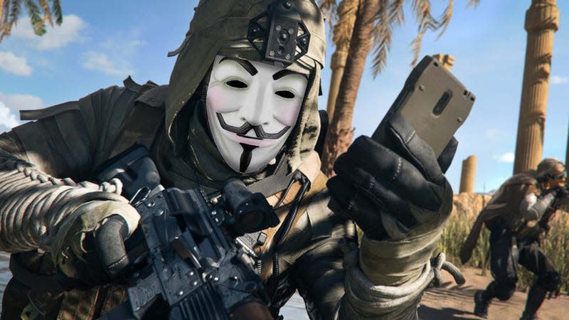 A Call of Duty soldier wears a Guy Fawkes mask.