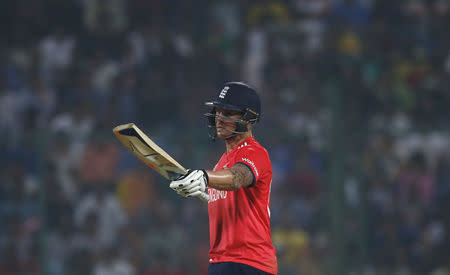 Cricket - England v New Zealand - World Twenty20 cricket tournament semi-final - New Delhi, India - 30/03/2016. England's Jason Roy celebrates scoring his half century. REUTERS/Adnan Abidi