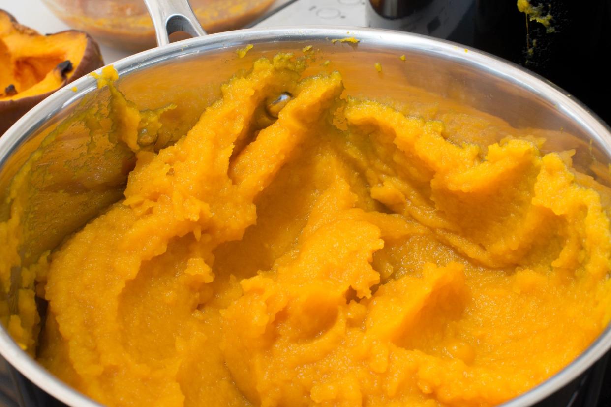 Roasted pumpkin flesh that has been pureed to a smooth texture at the U.S. Department of Agriculture (USDA) Farmers Market.