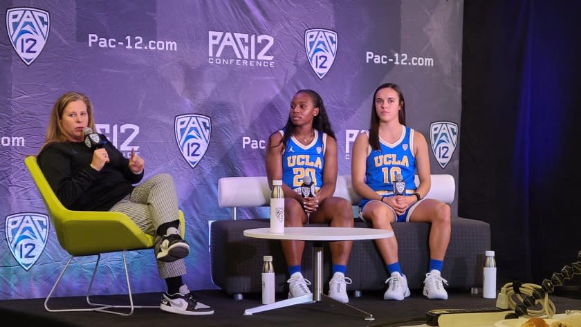 UCLA women's basketball coach Cori Close and players Charisma Osborne and Gina Conti answer questions