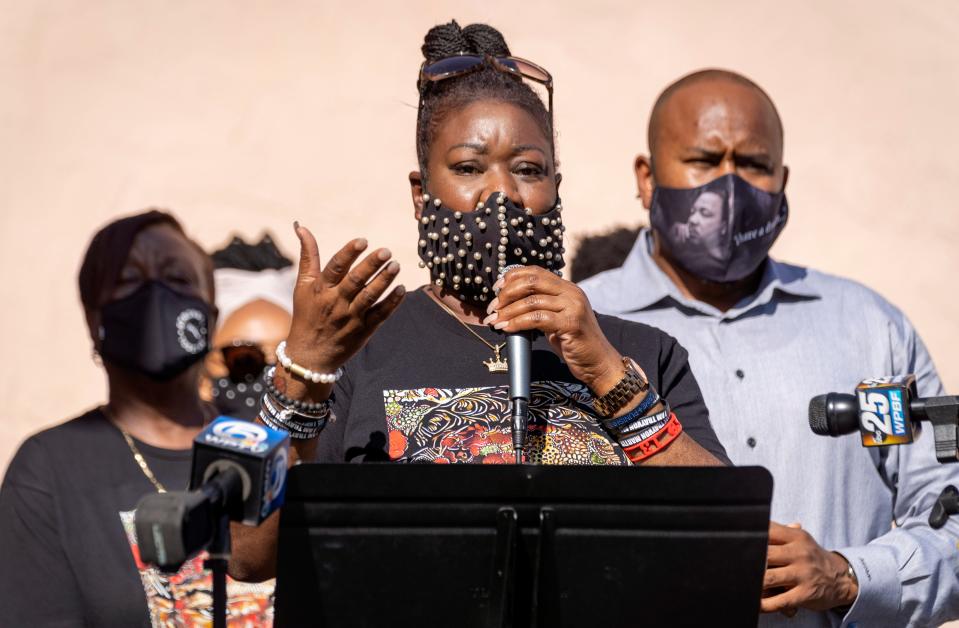 Sybrina Fulton, mother of Trayvon Martin, speaks during a January 2021 visit to a Black Lives Matter tribute outside the New Macedonia Missionary Baptist Church in Riviera Beach.