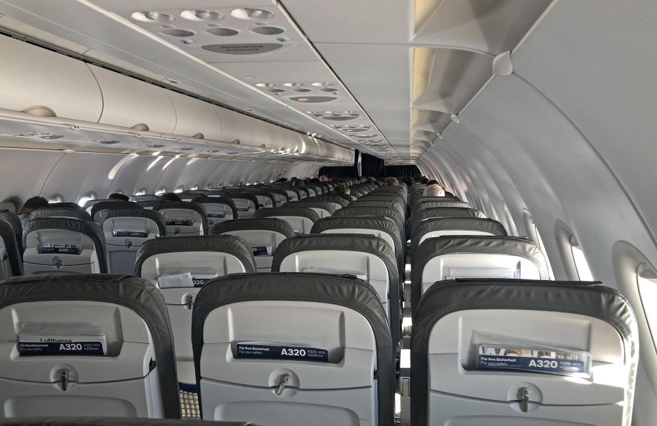 Empty seats on a flight from Frankfurt to Linz. (Photo by Bradley Collyer/PA Images via Getty Images)